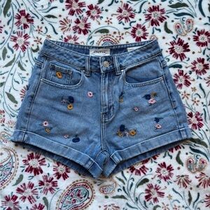 PacSun Blue Jean Floral Embroidered Shorts